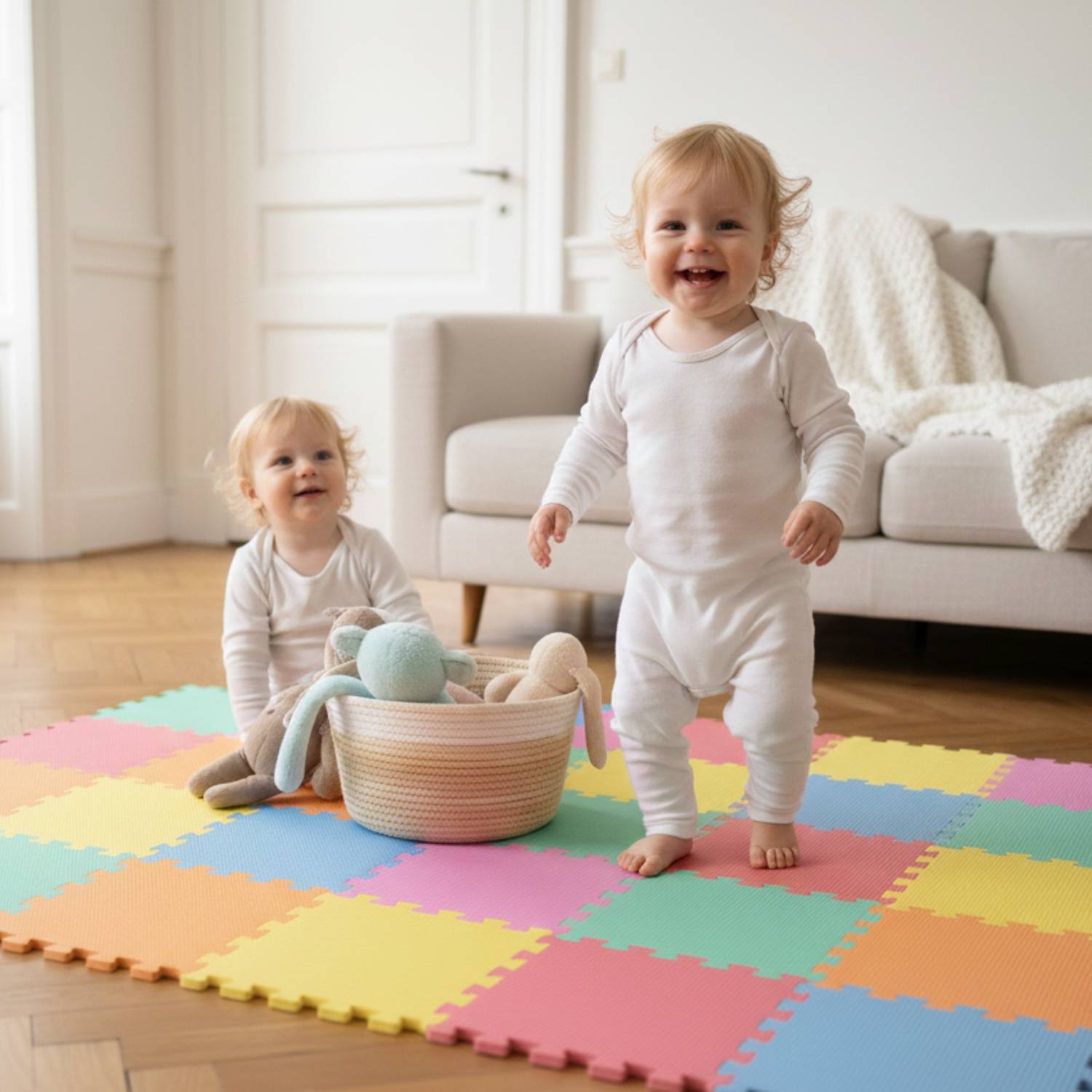 Zwei Kleinkinder in weißen Outfits spielen auf bunten Schaumstoffmatten in einem Wohnzimmer mit einem Sofa und einem Korb voller Spielzeug.