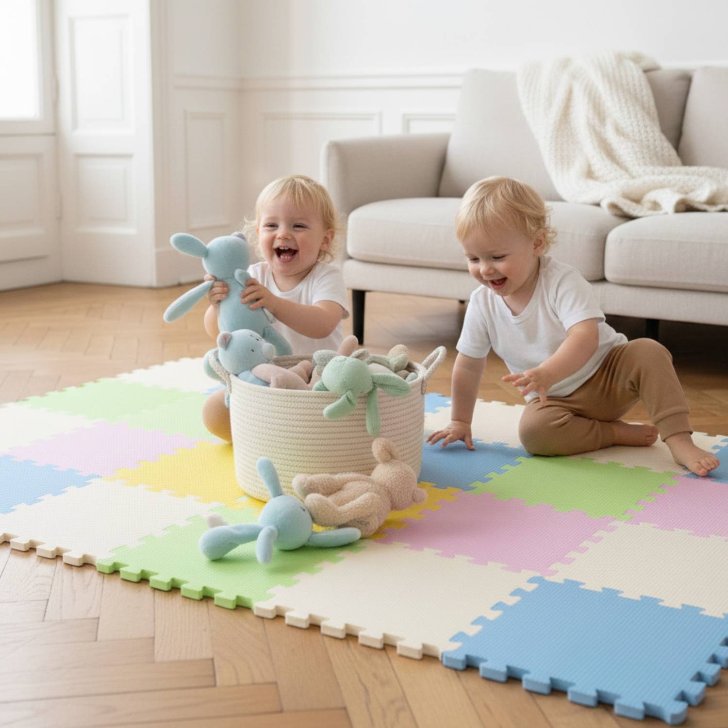 Zwei Kleinkinder spielen glücklich mit Kuscheltieren auf einer bunten Matte in einem hellen Zimmer mit einem Sofa und einem Spielzeugkorb.