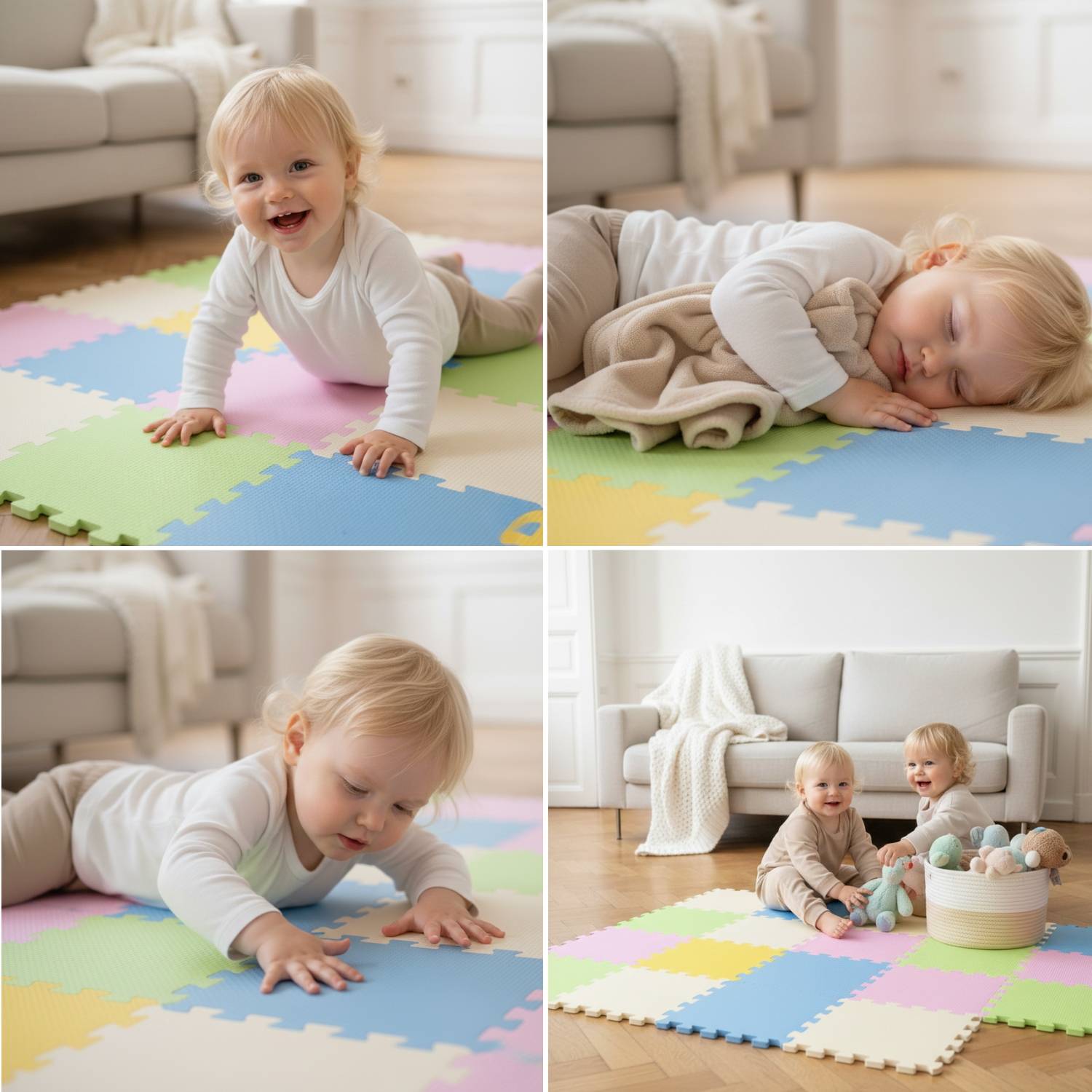 Vier Bilder zeigen ein Kleinkind, das auf bunten Schaumstoffmatten in einem Wohnzimmer spielt. Es lächelt, krabbelt und macht ein Nickerchen, mit Spielzeug und einem Sofa in der Nähe.