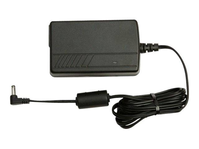 Schwarzer Stromadapter mit angeschlossenem Kabel und Hohlstecker, shown on a white background.