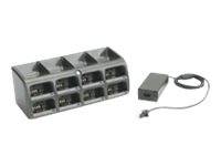 Ein grauer Multi-Port-Ladehub mit mehreren USB-Anschlüssen und einem separaten Netzteil mit Kabel auf weißem Hintergrund.