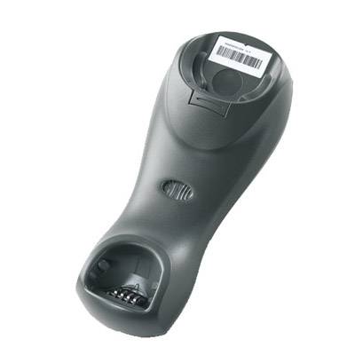 Rückansicht eines tragbaren Barcode-Scanners mit Barcode-Etikett und Batteriefach.