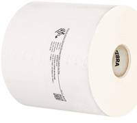 Große Rolle mit unbeschriftetem weißem Zebra-Etikettenpapier mit gedrucktem Produktetikett auf dem Kern.
