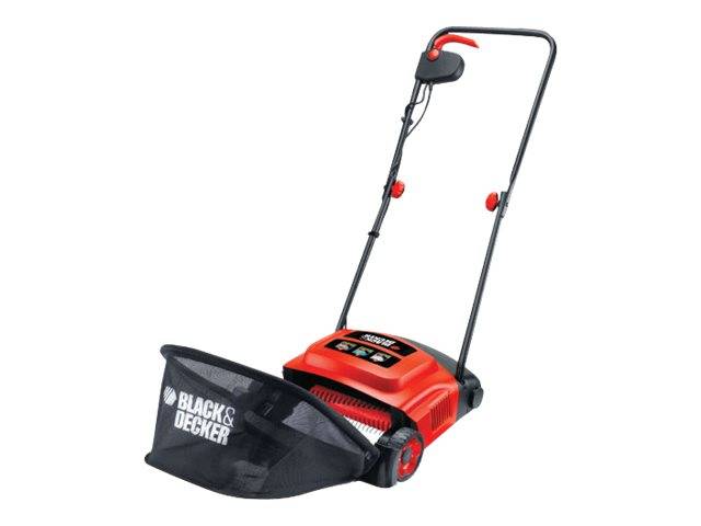 Black & Decker schnurgebundener elektrischer Laubsammler mit rotem Gehäuse, schwarzem Griff und Auffangbeutel zum Sammeln von Laub und Schmutz.