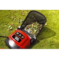 Roter Laubkehrmaschine, die auf einem Rasen gefallene Blätter und Grasschnitt sammelt.