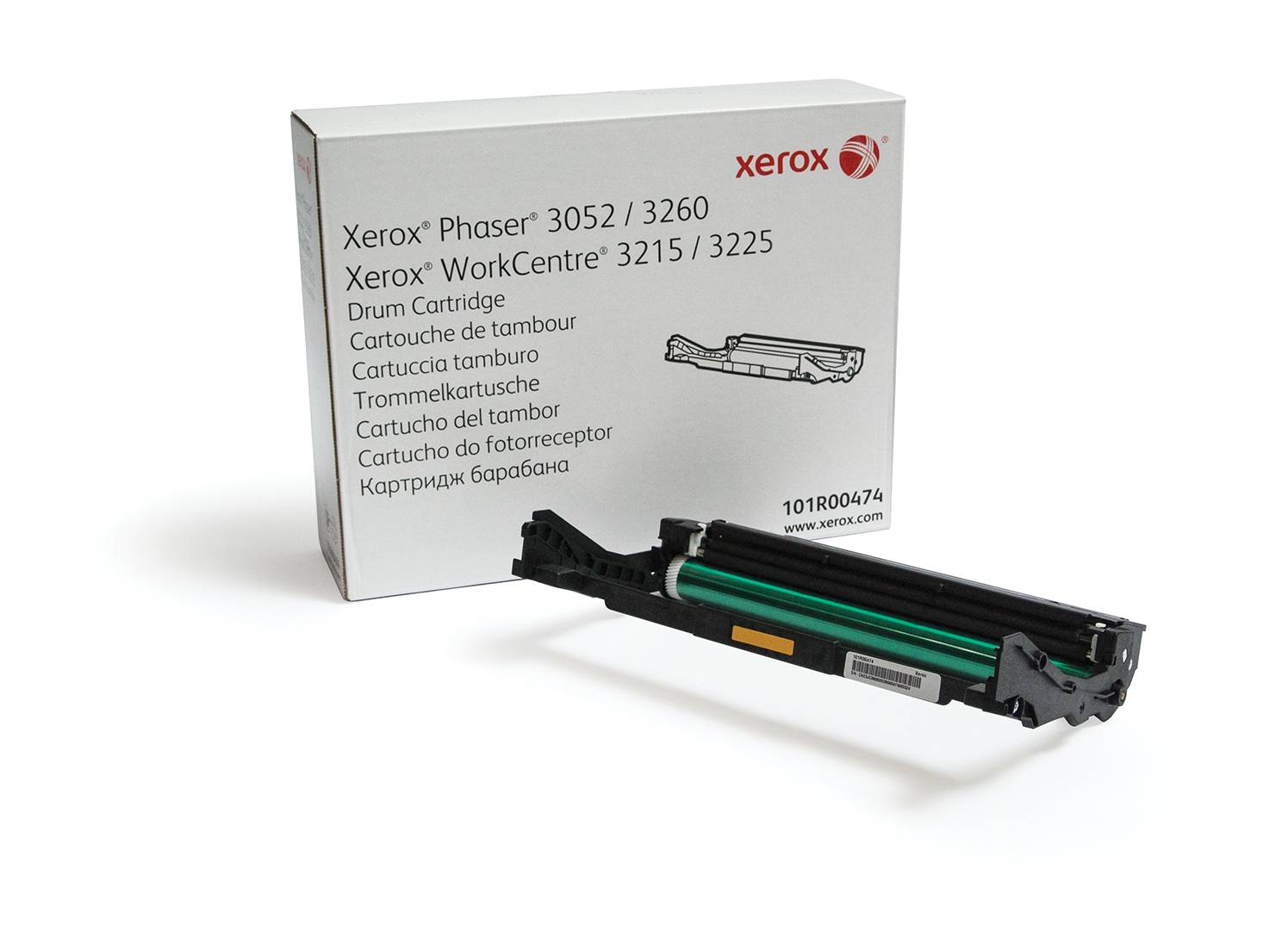 Xerox-Druckertrommelbehälter, angezeigt vor seiner Schachteln, gekennzeichnet für Phaser 3052/3260 und WorkCentre 3215/3225 Modelle.