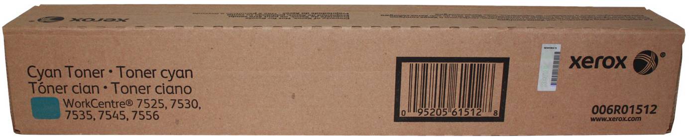 Xerox Cyan-Tonerdose mit der Kennzeichnung 'Cyan Toner', Teilenummer 006R01512 und Barcode auf der Vorderseite.