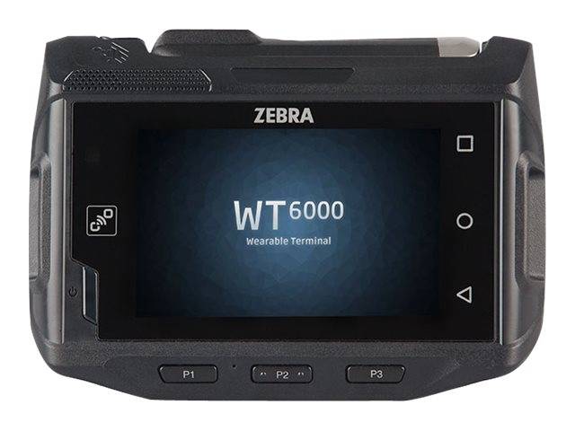 Frontansicht eines tragbaren Zebra WT6000-Terminalgeräts mit Bildschirm, auf dem „WT6000 Wearable Terminal
