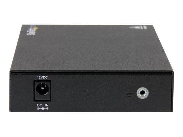 Schwarzes elektronisches Gerät Vorderansicht mit 12-Volt-Gleichspannungseingangsbuchse und DC IN-Beschriftung auf der linken Seite und einem kreisförmigen Anschluss auf der rechten Seite.