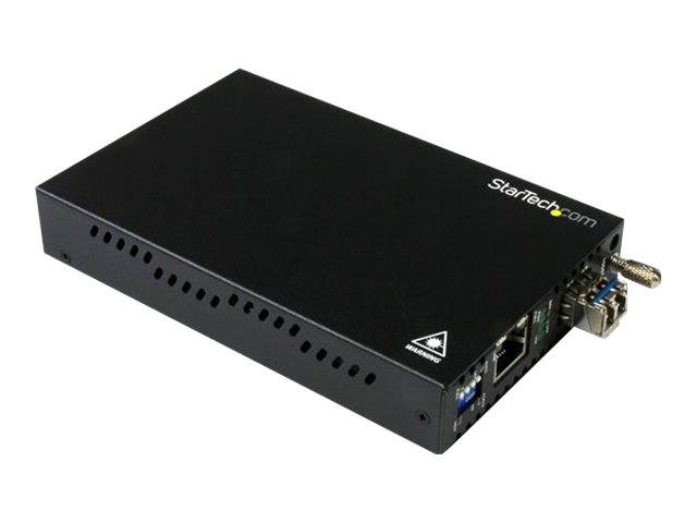 Schwarzes StarTech.com-Metallnetzwerkgerät oder Media-Converter-Box mit Lüftungslöchern und sichtbaren Anschlüssen an der Vorder- und Seite.