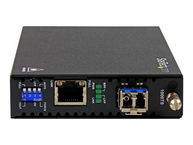 Frontansicht eines SFP-Netzwerk-Medienkonverters mit RJ45-Ethernet, Faserport, DIP-Schaltern und Status-LEDs auf einem schwarzen Metallgehäuse.