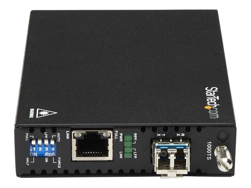 Black StarTech.com Fasermedienkonverter mit RJ45-Ethernet-Anschluss, dualem LC-Faseranschluss und DIP-Schaltereinstellungen auf der Frontplatte.