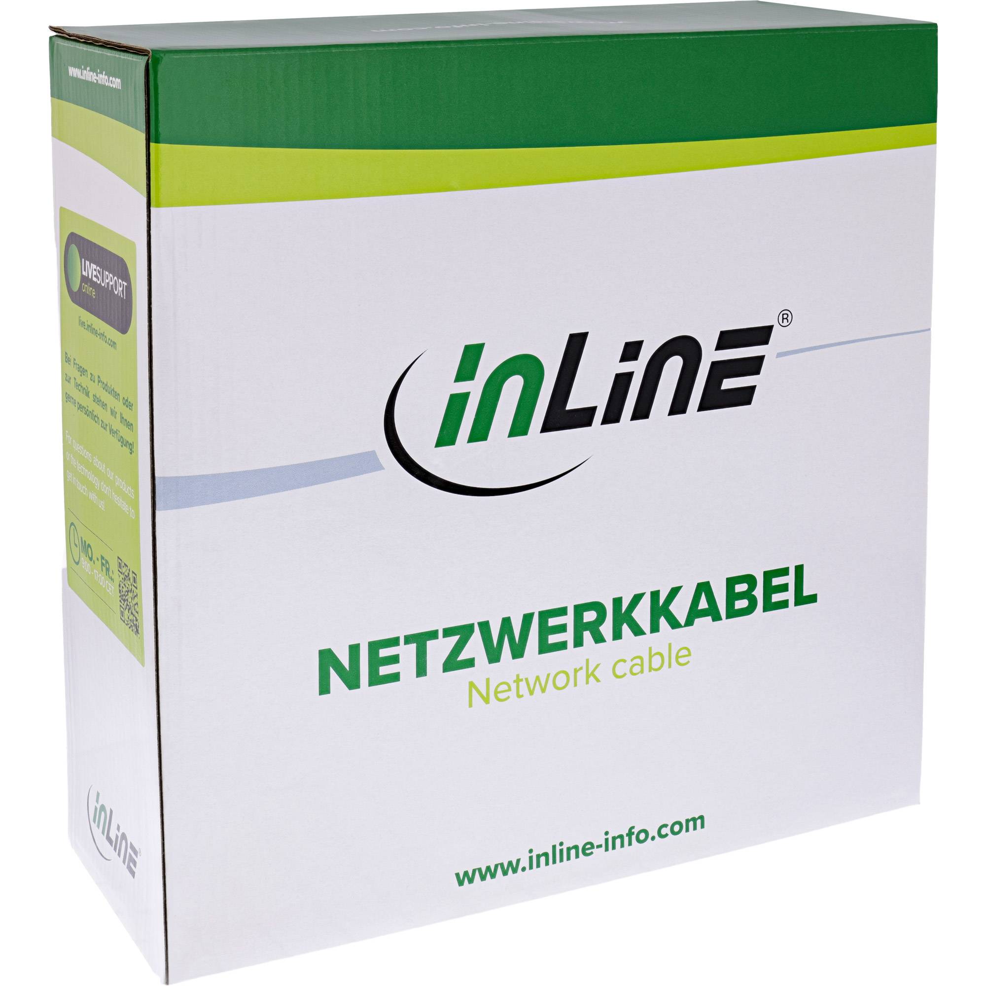 Schachtel für inLine Netzwerkkabel-Verpackung mit grünem und weißem Design und der Aufschrift „NETZWERKKABEL