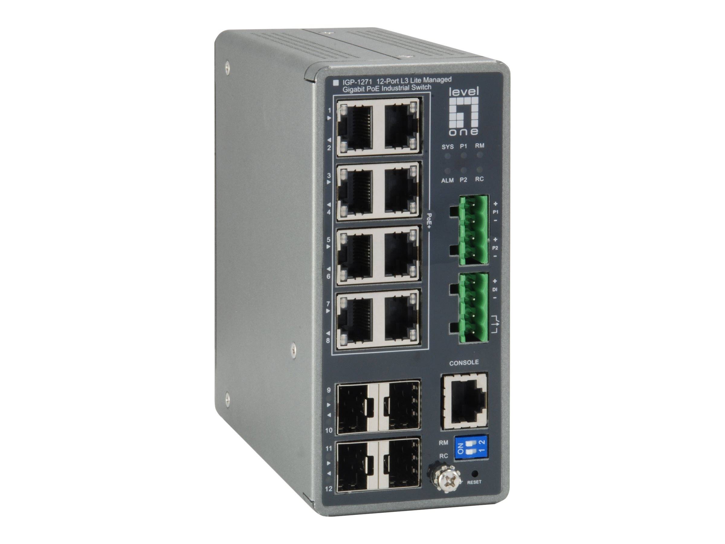 Industrieller Ethernet-Switch mit acht RJ45-Anschlüssen, zwei Faserports und grünen Schraubklemmen auf einem grauen Metallgehäuse.