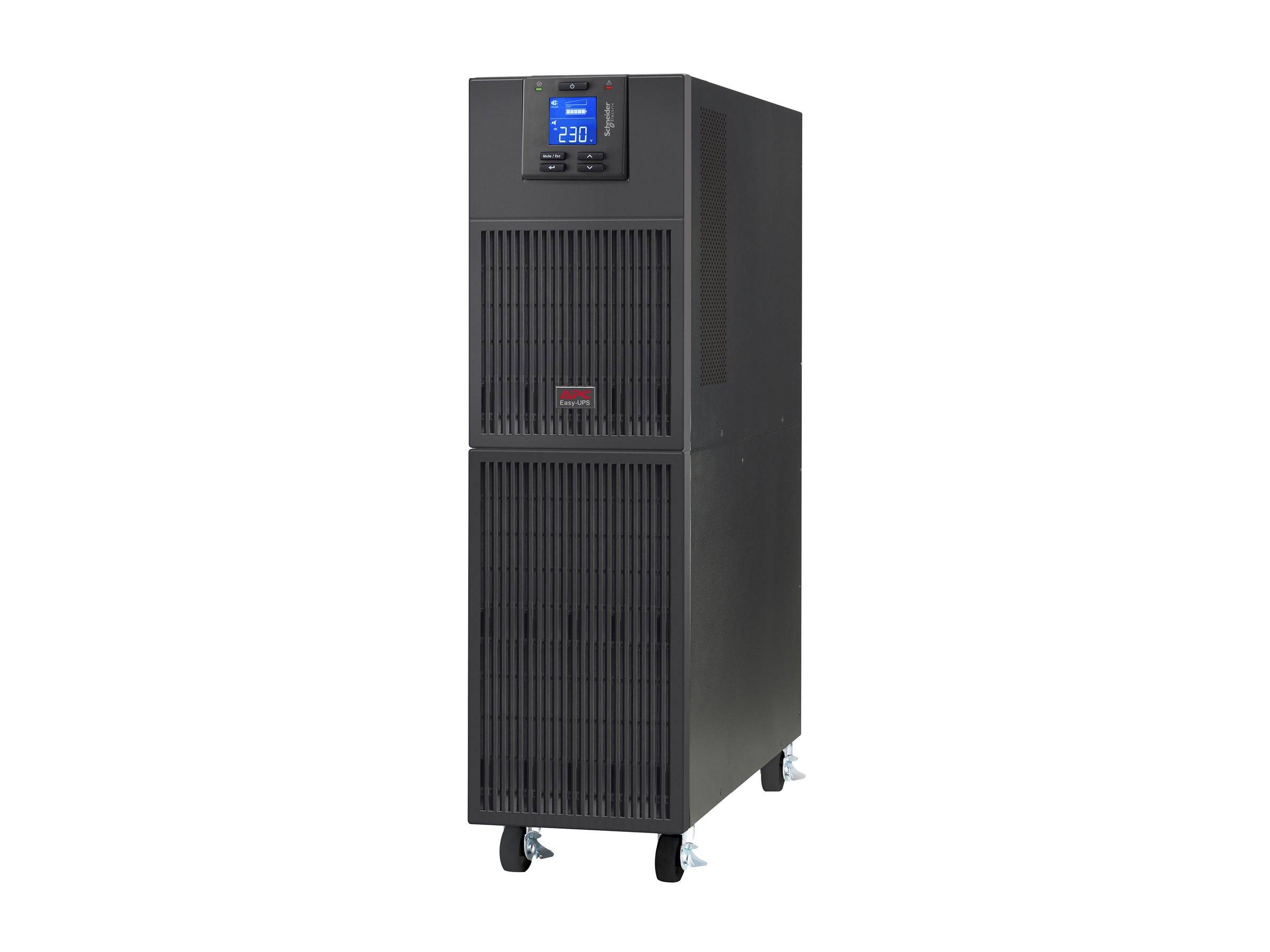 Schwarze Turm-USV-Batteriebackup-Einheit auf Rollen mit blauem digitalen Display, das 230 Volt anzeigt.