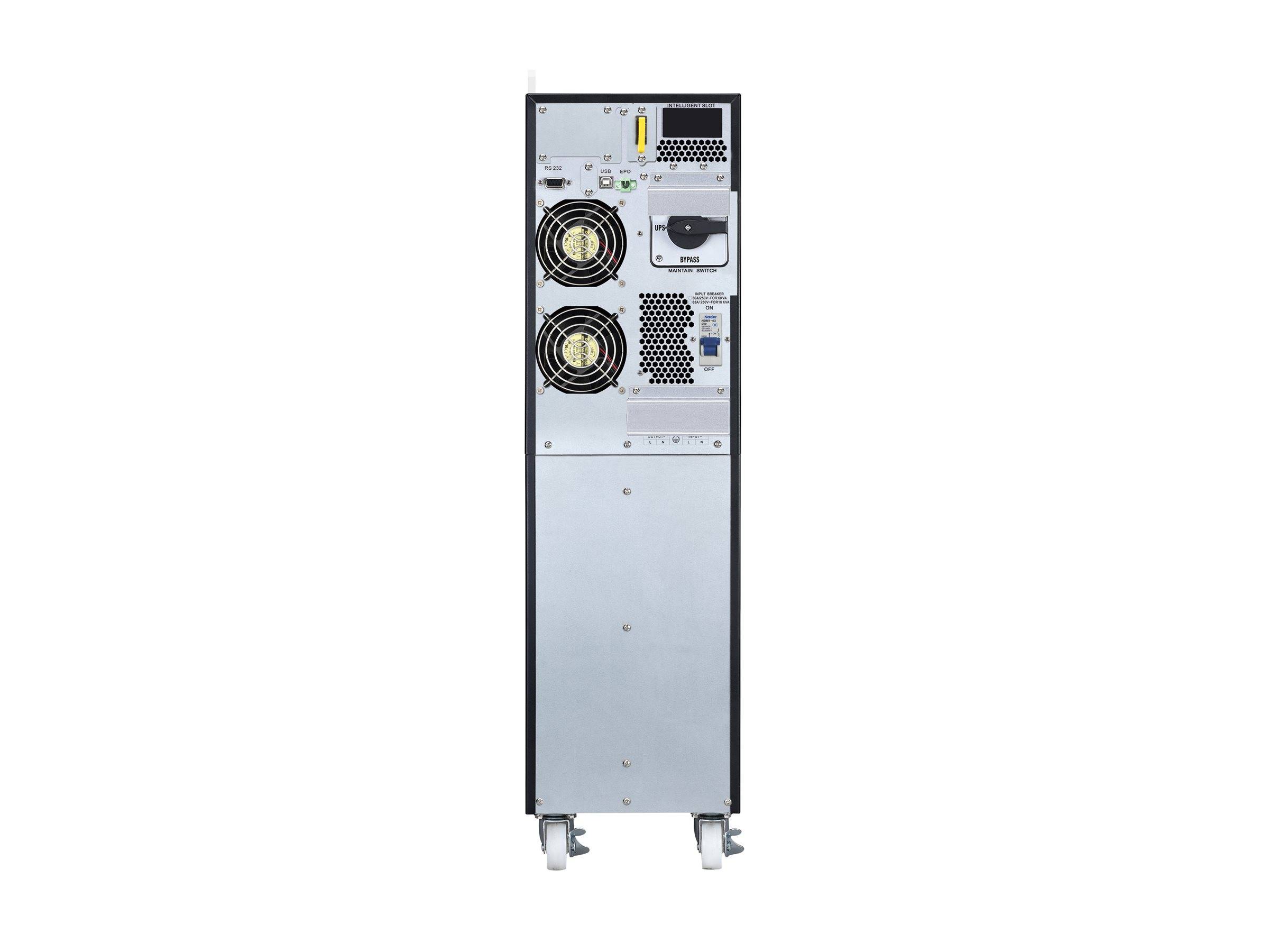 Rückansicht eines großen Computer-Servers oder Tower-Gehäuses auf Rädern, das Kühlventilatoren, Lüftungsöffnungen, Stromstecker und Anschlüsse zeigt.