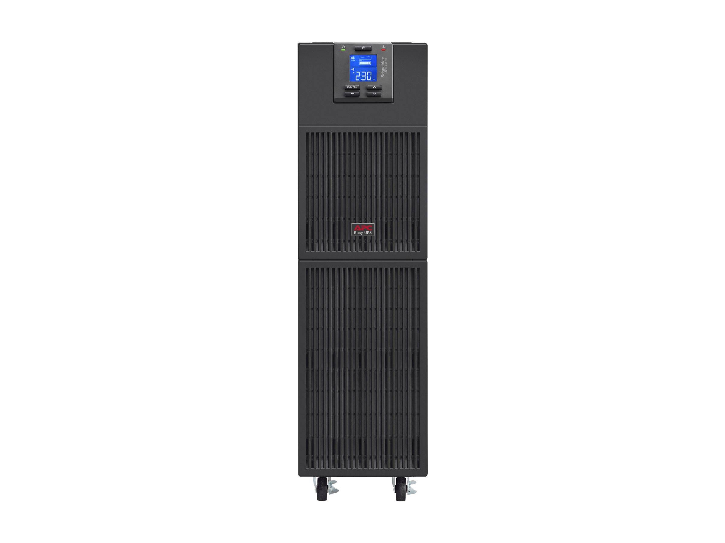 Hohe schwarze USV-Batterienotstromanlage mit kleinem blauem digitalen Display oben und vorderen Belüftungspanelen auf Rollen.