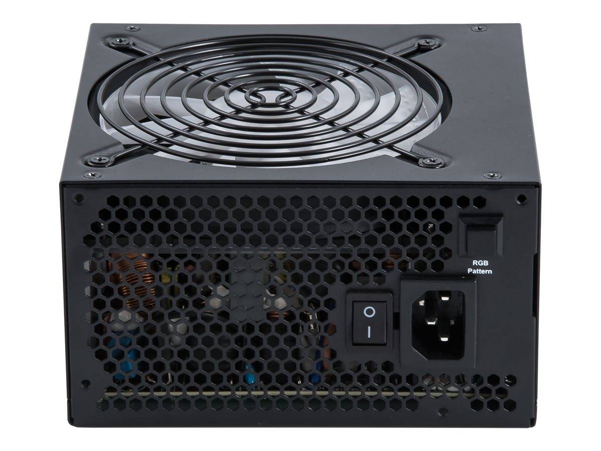 Schwarzes Computer-Netzteil von hinten gezeigt, mit Kühlventilator, Netzschalter, AC-Eingangsbuchse und wabenförmigem Belüftungsgitter.