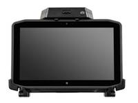 Schwarzes Tablet-Gerät mit großem leerem Bildschirm und einem montierten Modul oben, von vorne auf weißem Hintergrund gezeigt.