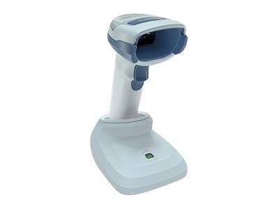 Ein weißer Barcode-Scanner auf einem Ständer, vor einem einfachen Hintergrund dargestellt.