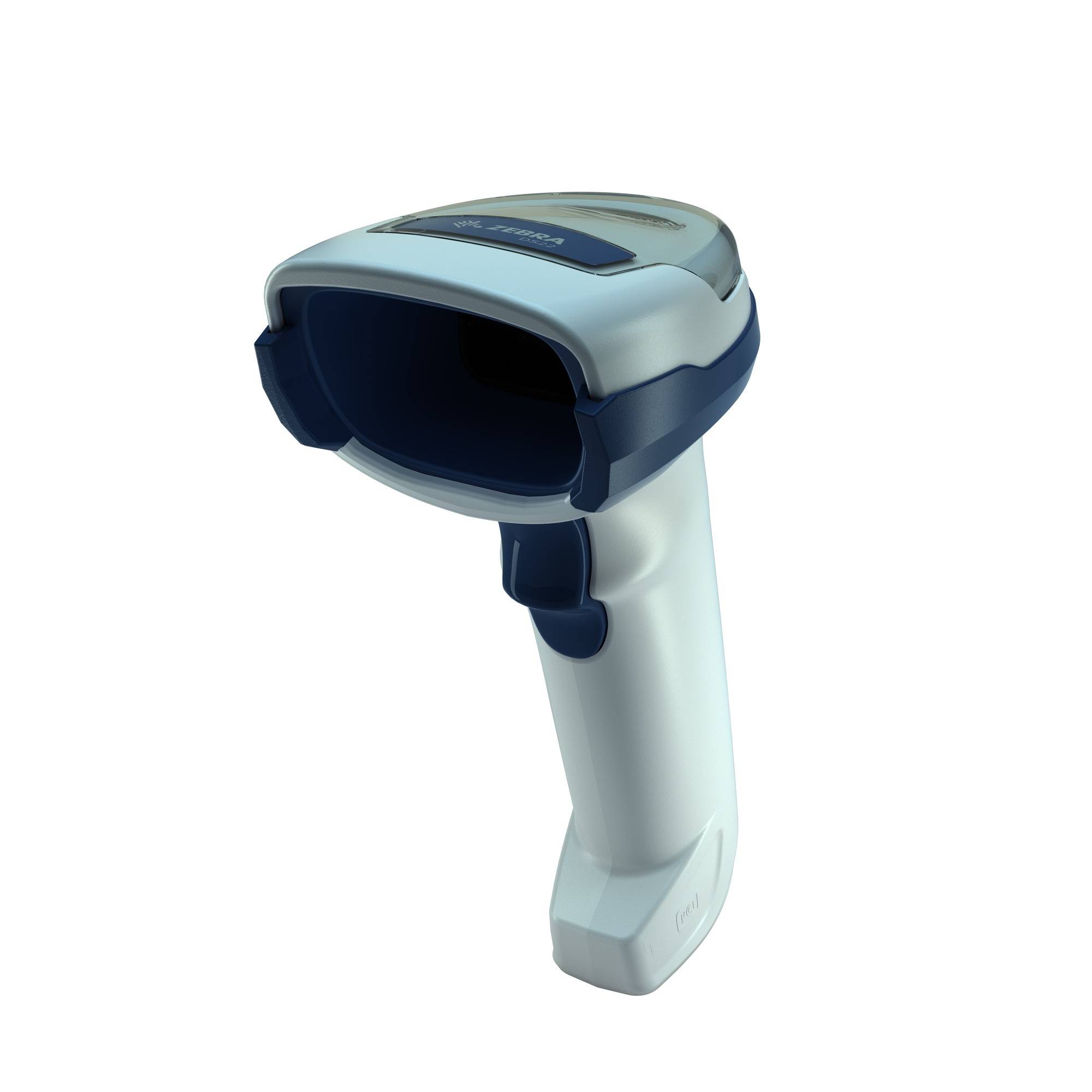 Tragbarer Barcode-Scanner auf weißem Hintergrund dargestellt, in einem Winkel positioniert, um das Scannerfenster und den Abzuggriff zu zeigen.