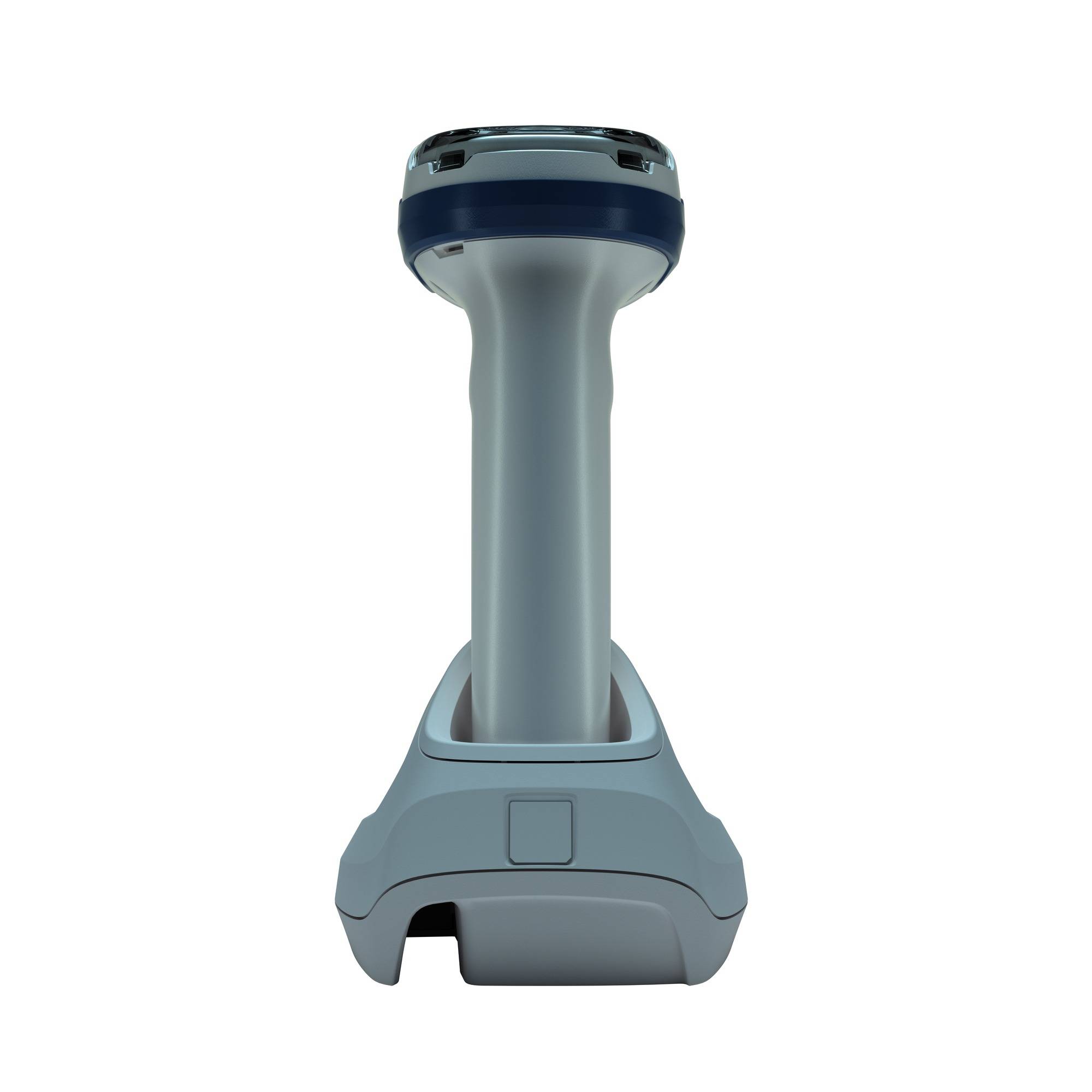 Ein grauer tragbarer Barcode-Scanner aufrecht in einer Ladestation auf weißem Hintergrund.