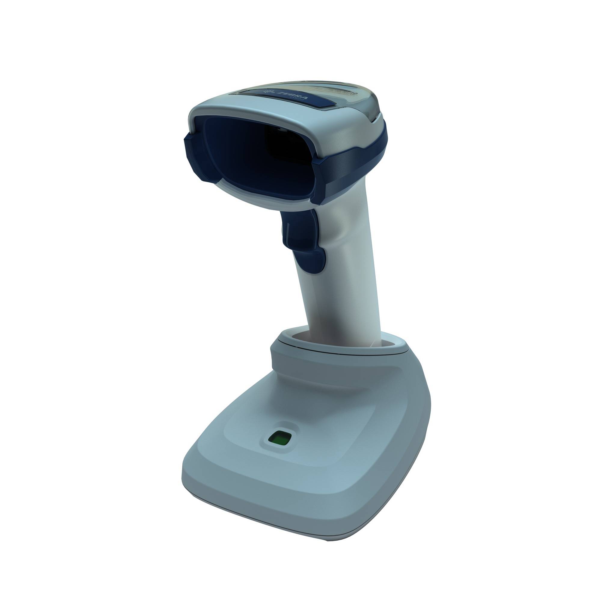 Ein tragbarer Barcodescanner in einer Ladestation auf weißem Hintergrund.