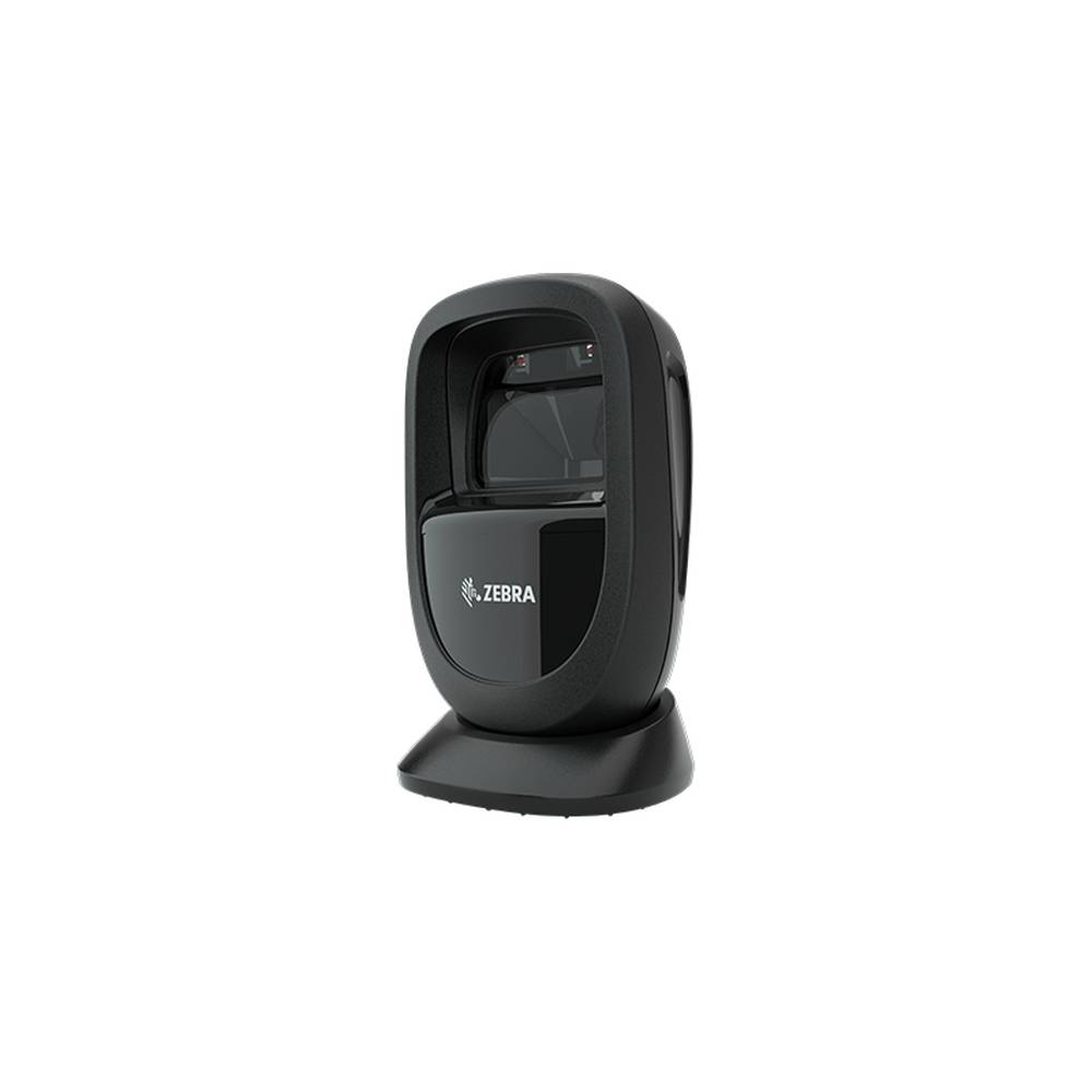 Schwarzer Zebra-Barcode-Scanner für den Desktop auf einer Lade- oder Anzeigestation, isoliert auf weißem Hintergrund dargestellt.