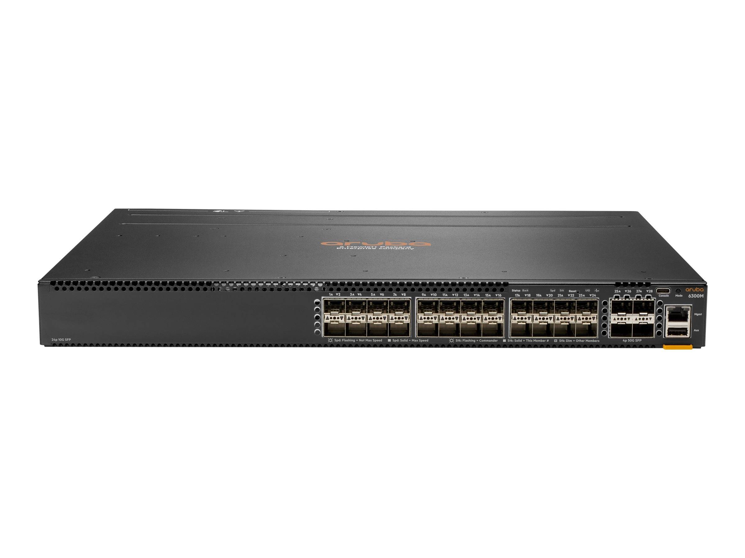 Vorderansicht eines schwarzen in ein Rack eingebauten Netzwerk-Switches mit mehreren Ethernet- und Faseranschlüssen auf der rechten Seite.