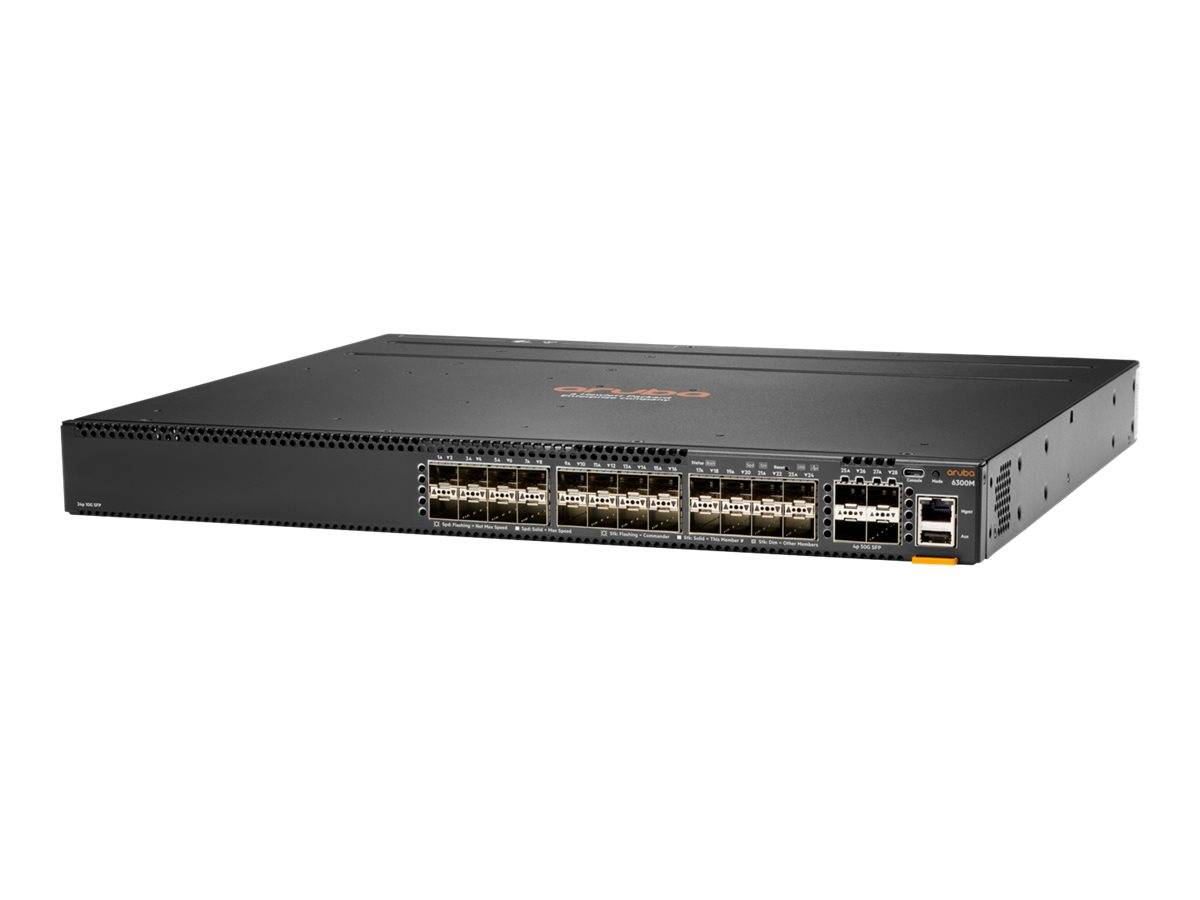 Schwarzer Rack-Mount-Netzwerk-Switch mit Reihen von Ethernet-Anschlüssen und einigen Uplink-Anschlüssen auf der rechten Seite