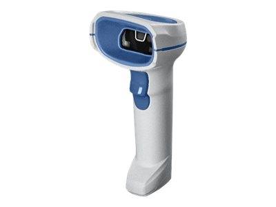 Tragbarer Barcode-Scanner mit weißem und blauem Pistolengriff.