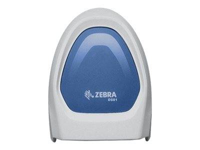 Nahaufnahme eines Zebra DS81 Barcode-Scanners in einem weiß-blauen tragbaren Gehäuse auf neutralem Hintergrund.