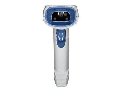 Tragbarer Barcodescanner mit blauem Kopf und weißem Gehäuse, isoliert auf einfachem Hintergrund.