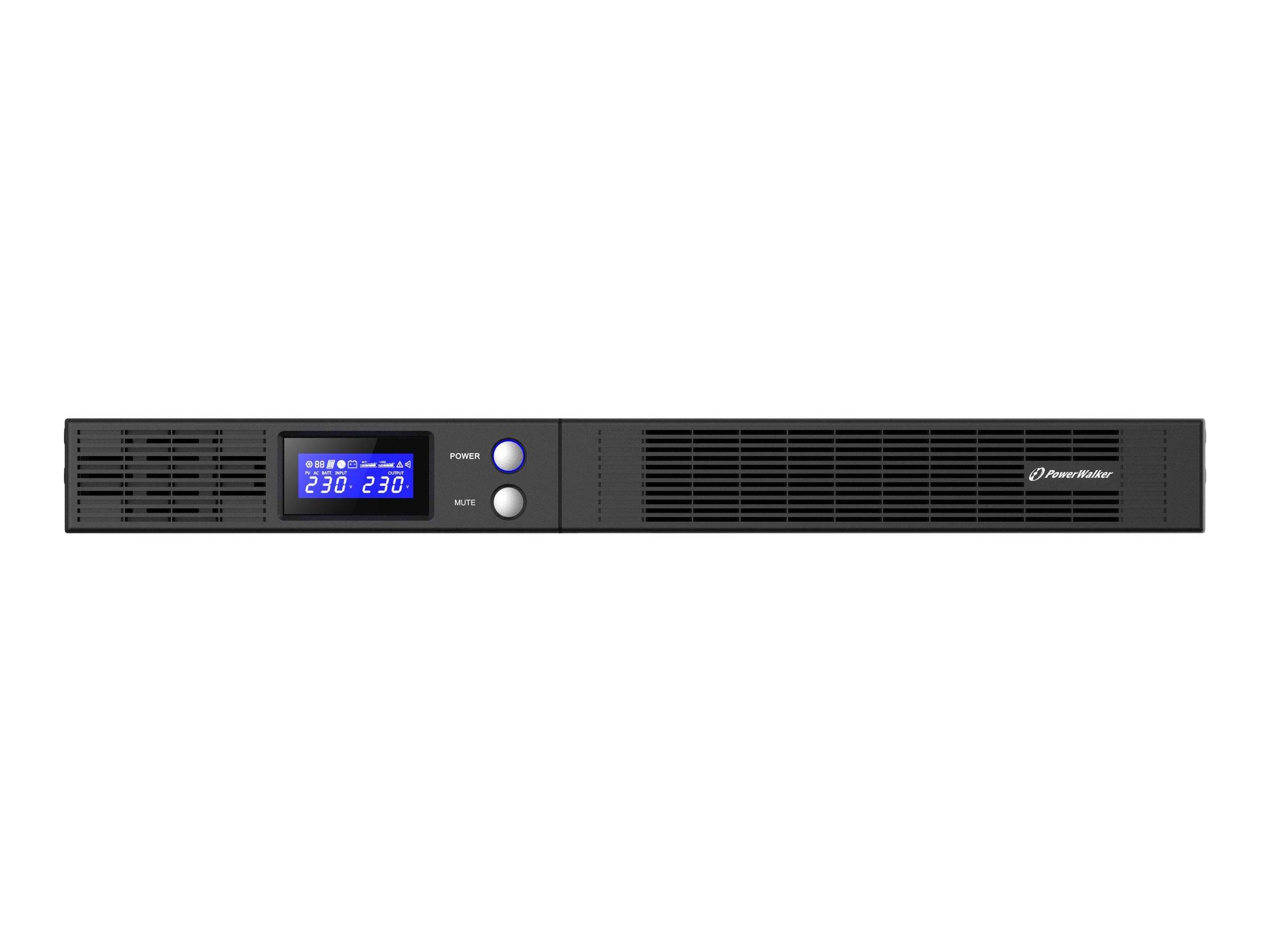 Rackmount-Stromkonditionierer mit blauem digitalen Display, das 230 und 230 anzeigt, zwei Steuertasten und vorderen Belüftungsgittern.