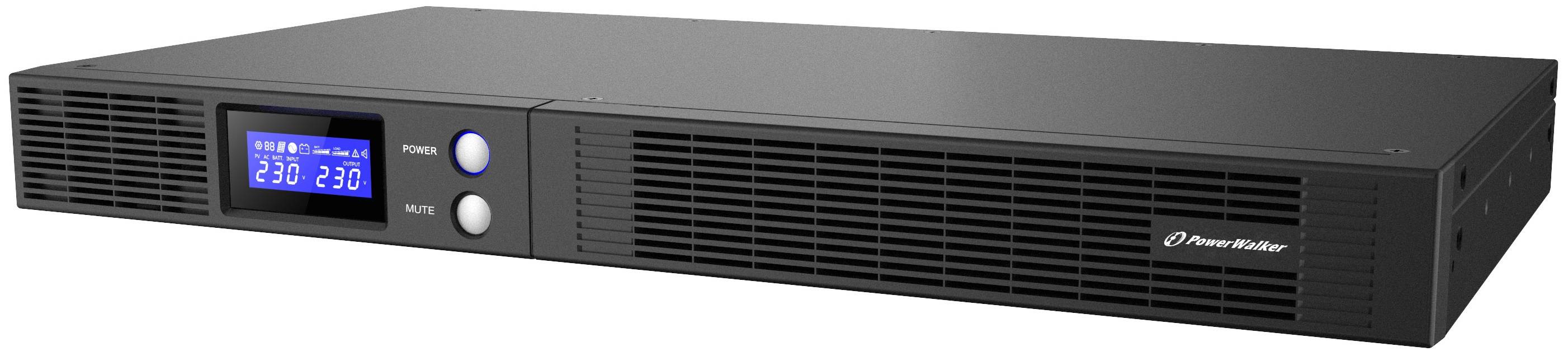Schwarze Rack-Montagestromversorgungseinheit mit blauem digitalen Display, das 230 Volt anzeigt, und Lüftungsgittern an der Vorderseite.