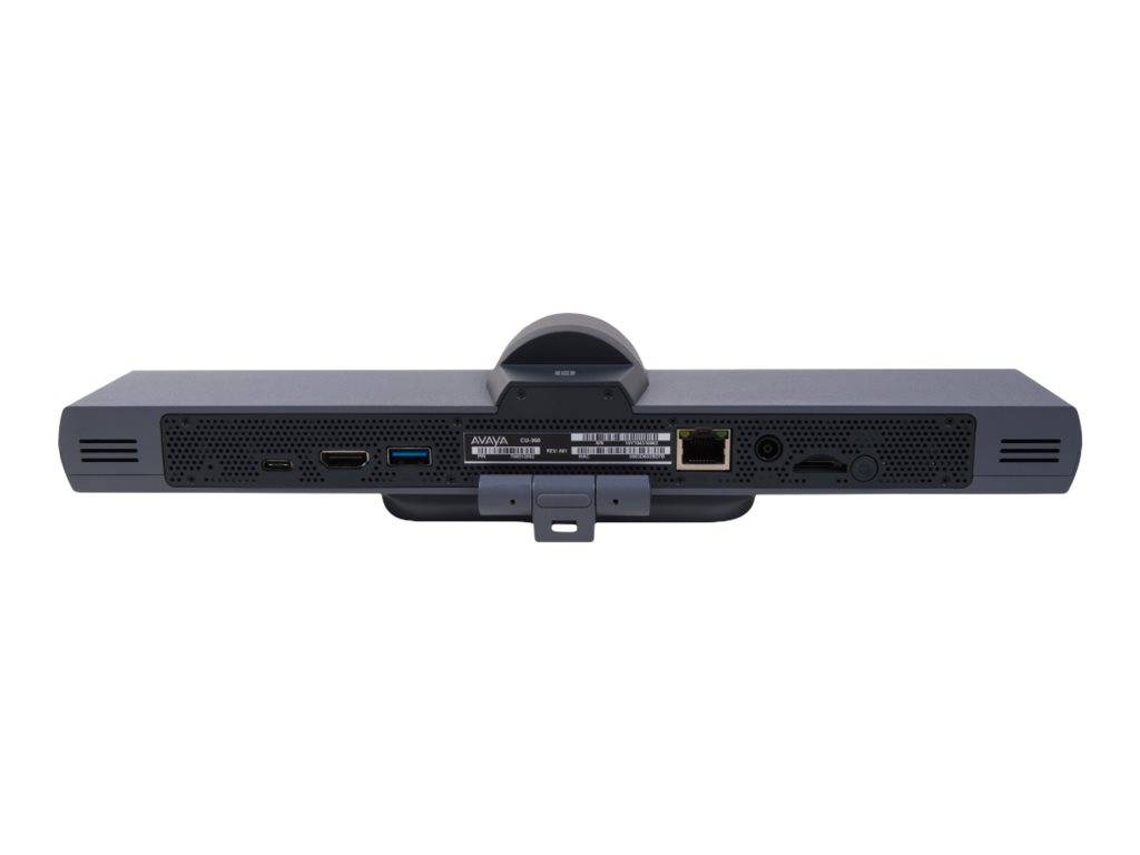 Rückansicht einer Konferenzraum-Videobar mit Kamera oben, die mehrere Anschlüsse zeigt, darunter HDMI, USB, Ethernet und Audiobuchsen.