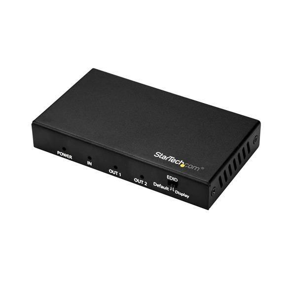Schwarze StarTech.com Elektronik-Splitterbox mit Beschriftungen für Stromversorgung, Eingang, Ausgang 1, Ausgang 2 und EDID/Standarddisplay auf der Vorderseite.