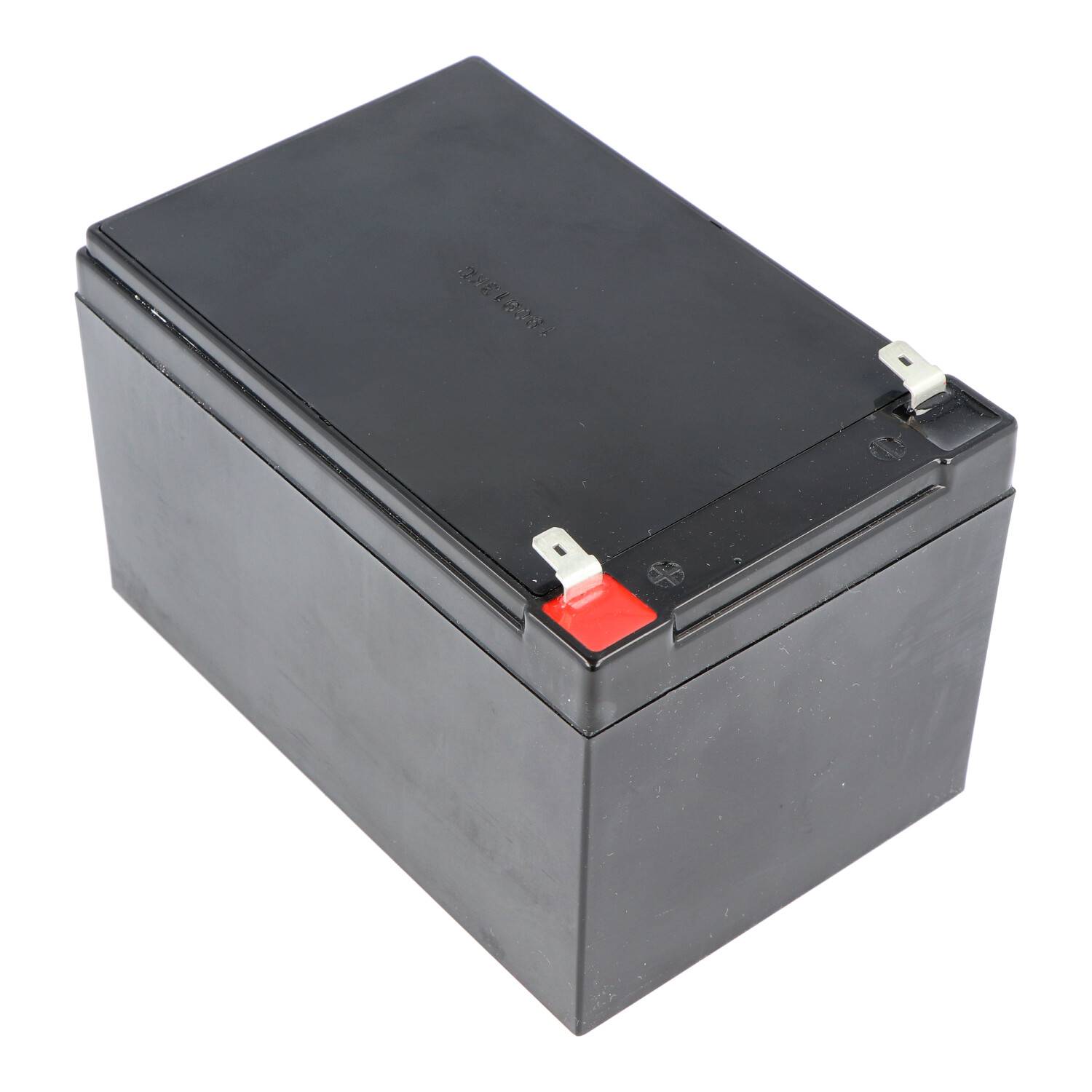 Schwarze rechteckige versiegelte Bleiakku-Batterie mit zwei Metallpolen, dargestellt auf einfachem weißen Hintergrund.