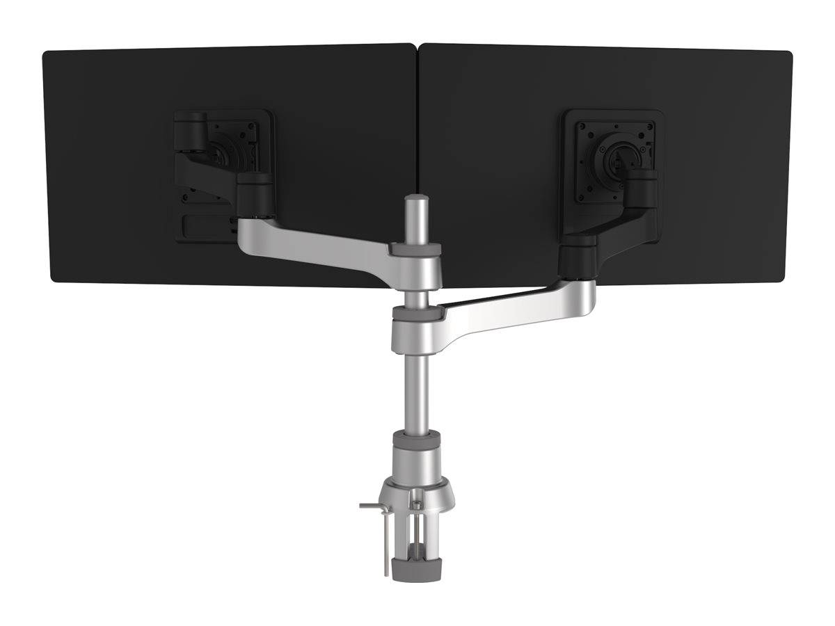 Dual-Monitor-Schreibtischhalterung, die zwei schwarze Monitore auf einem verstellbaren silbernen Ständer mit Klemmbasismontage hält, vor weißem Hintergrund gezeigt.
