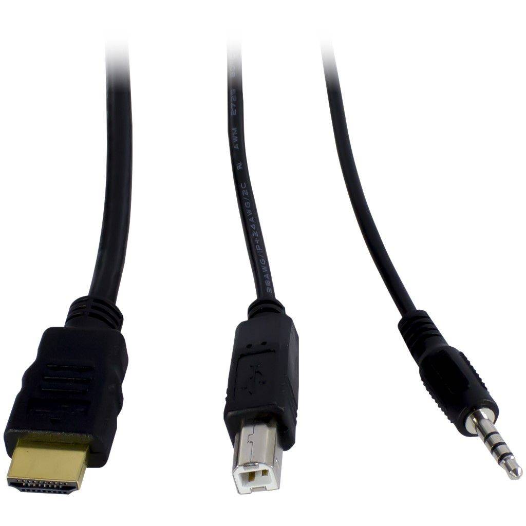 Drei schwarze Kabel mit Steckern: HDMI auf der linken Seite, USB-B in der Mitte und 3,5-mm-Audioanschluss auf der rechten Seite.