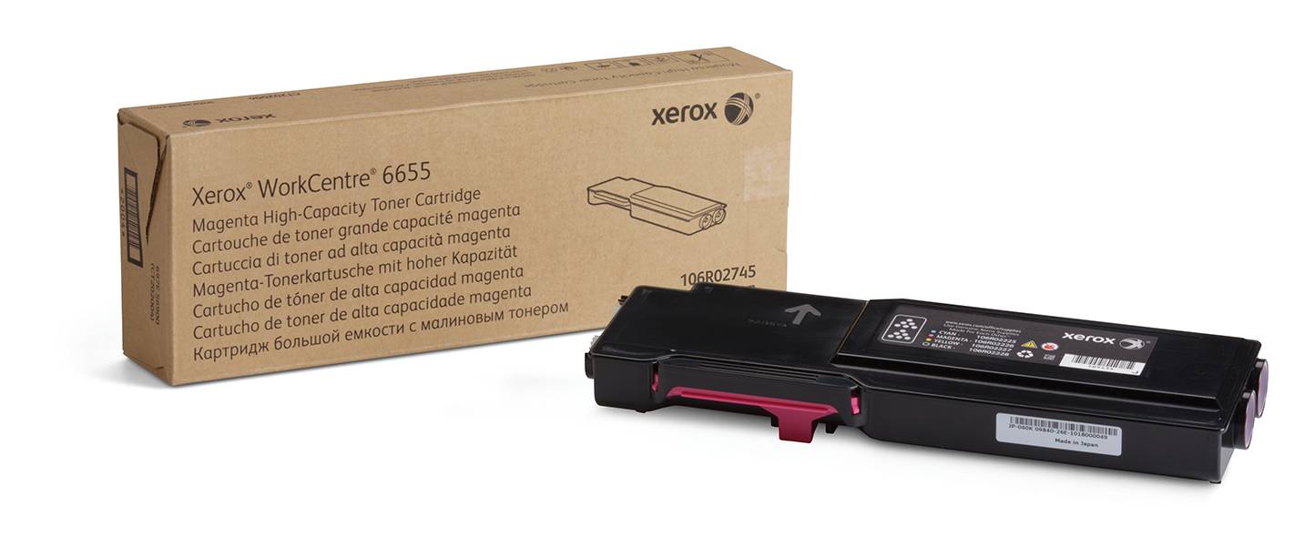 Xerox WorkCentre 6655 Magenta-Hochleistungstonerkassette neben ihrer braunen Einzelhandelsverpackung abgebildet.