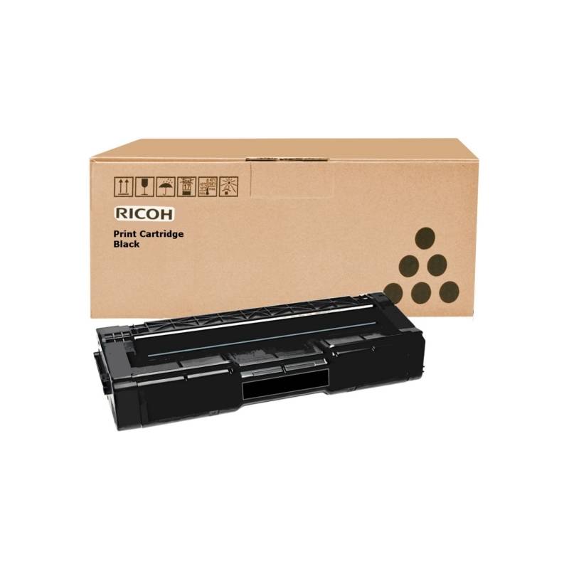 Ricoh schwarze Druckerpatrone, die vor ihrer Kartonverpackung auf weißem Hintergrund gezeigt wird.