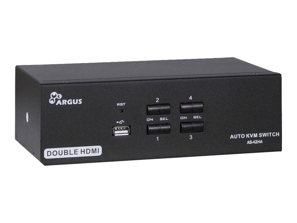 Schwarze ARGUS 'DOUBLE HDMI' automatische KVM-Umschalterbox mit USB-Anschluss, Reset-Taste und vier nummerierten Wahlschaltern