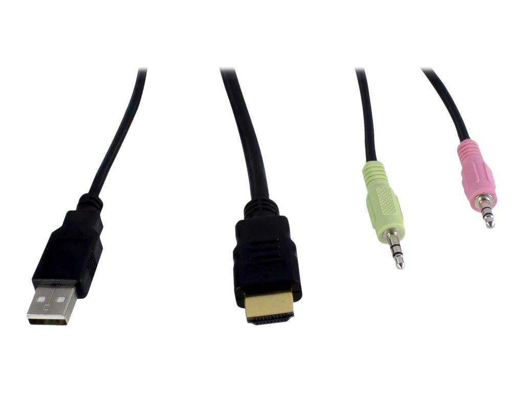 Vier Audio- und Videokabel mit USB, HDMI und zwei 3,5-mm-Audiosteckern auf weißem Hintergrund.