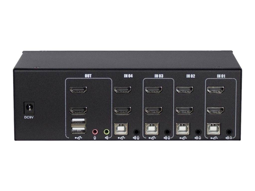 Schwarzer USB-Hub oder Umschalter mit 9V-Gleichstromeingang, einen gekennzeichneten OUT-Anschluss und vier gekennzeichnete Eingangsbereiche (IN 04 bis IN 01), jeweils mit HDMI-, USB- und Audioanschlüssen.