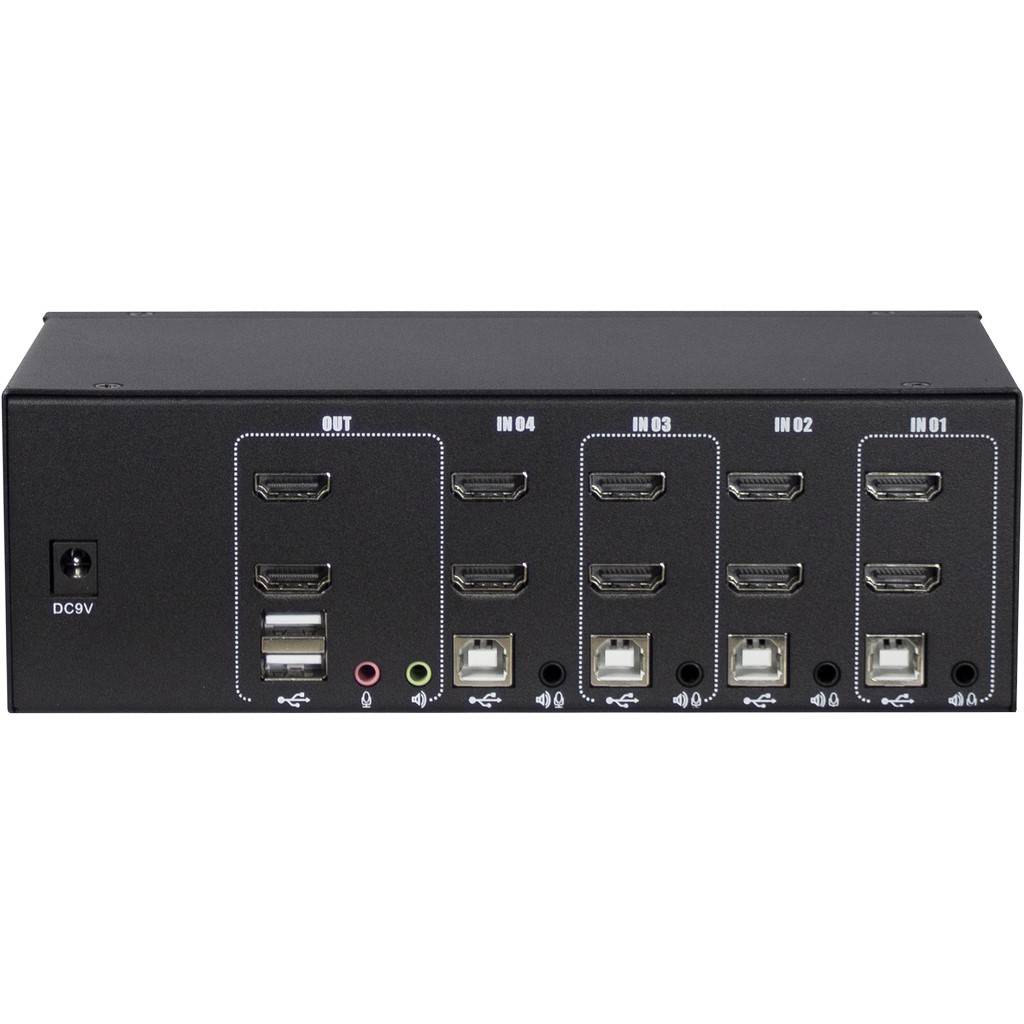 Schwarze HDMI-Umschalterbox mit DC-9V-Stromeingang, einem OUT-Anschluss und vier Eingangssektionen mit den Bezeichnungen IN 01 bis IN 04, jeweils mit HDMI-, USB- und Audioanschlüssen.