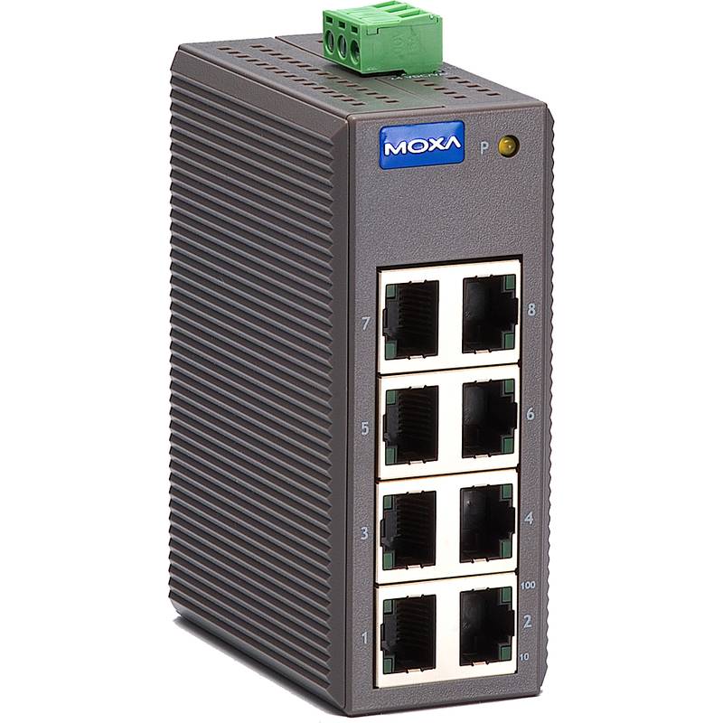 MOXA industrieller Ethernet-Switch mit acht RJ45-Anschlüssen und einem grünen Stromversorgungsklemmenblock oben.