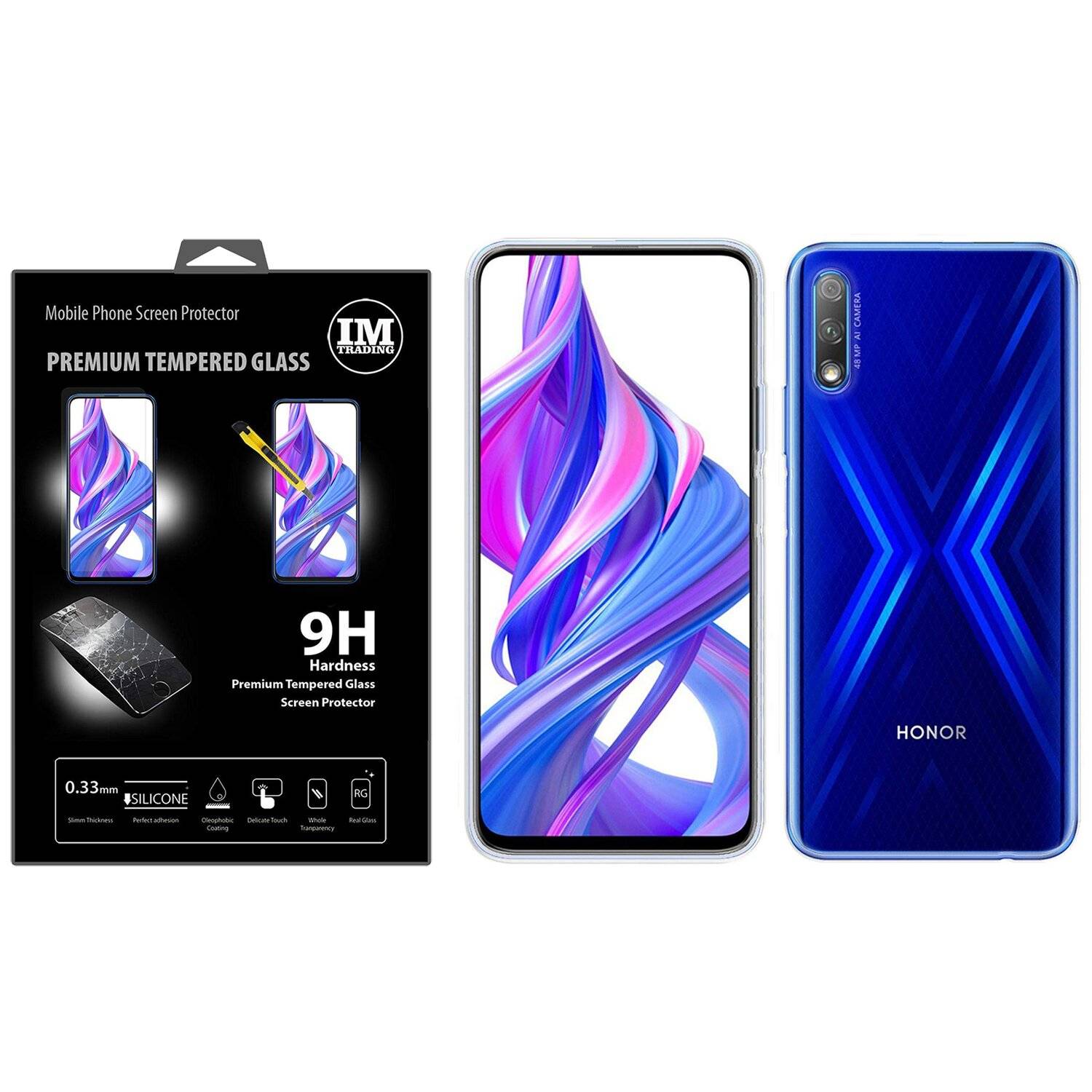 Silikon Handyhülle Schutz Hülle Schale Tasche Cover Bumper Case + 9H Schutzfolie Schutz Folie Glas Honor 9X