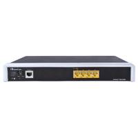 Vorderansicht eines schwarz-silbernen Netzwerk-Routers mit einem Ethernet-Port und vier gelben LAN-Ports auf der Frontplatte.