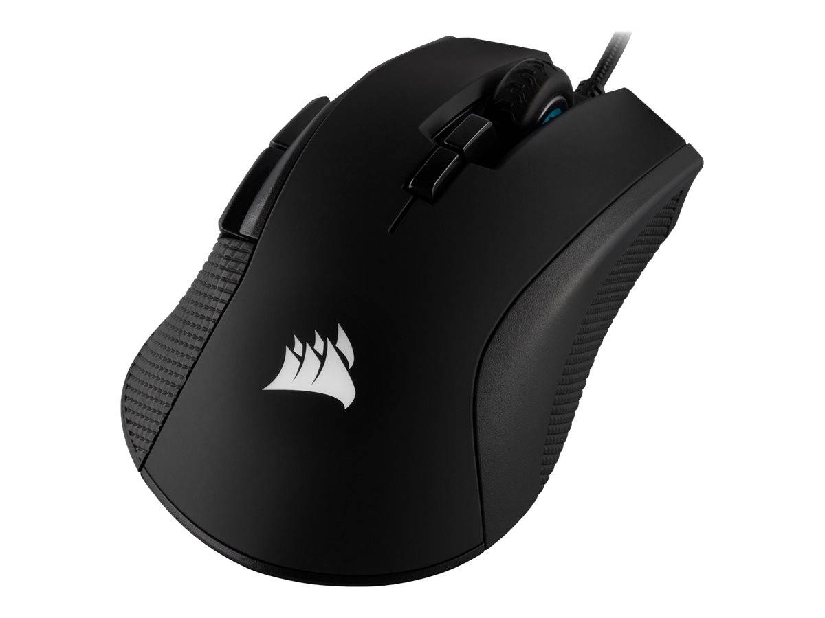 Schwarze kabelgebundene Gaming-Maus Corsair mit strukturierten Seitengriffen und beleuchtetem Scrollrad, dargestellt auf weißem Hintergrund.